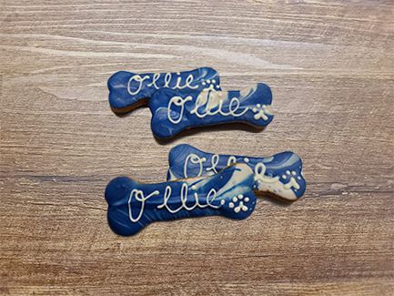 Blue bone-shaped dog treats on table