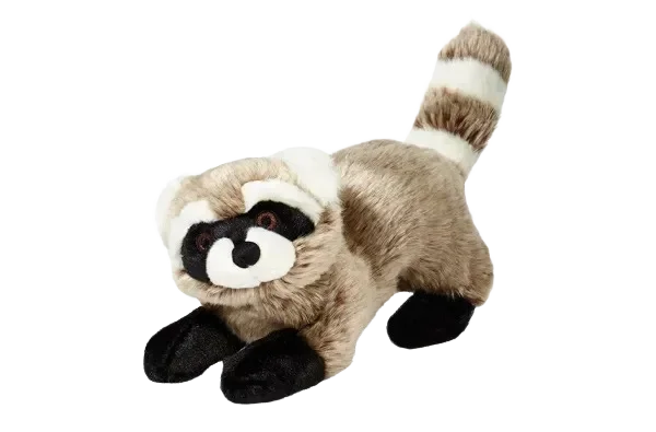 Plush raccoon toy on black background.