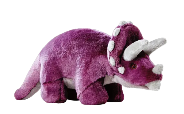 Cute triceratops stuffed animal, side view.