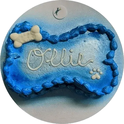 Blue bone-shaped cake with "Ollie" decoration.