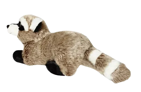 Plush raccoon toy on black background.