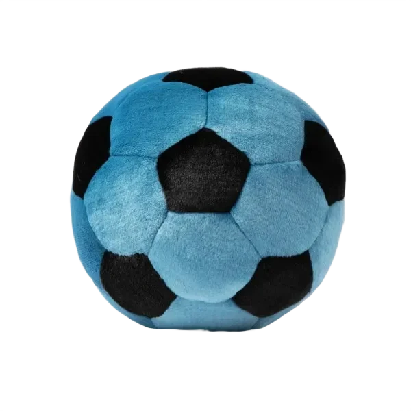 Blue and black plush soccer ball.