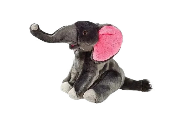 Plush elephant toy with pink ears.