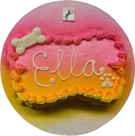 Colorful dog cake with "Ella" and bone.