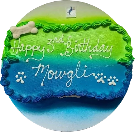 Colorful dog-themed birthday cake with paw prints.