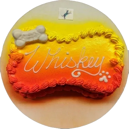 Colorful dog cake with "Whiskey" and bone.