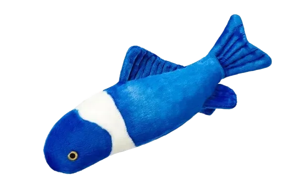 Blue and white plush fish toy.