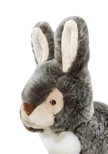 Gray rabbit plush toy on black background.