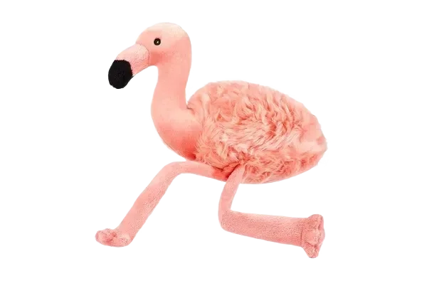 Pink flamingo plush toy on black background.