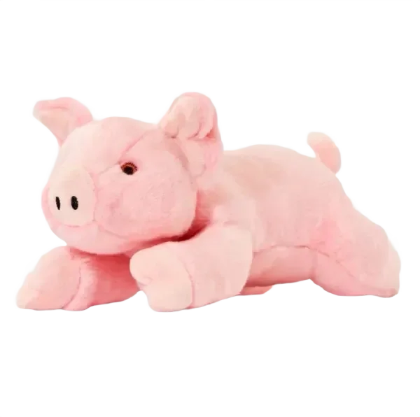Pink plush pig toy on black background.