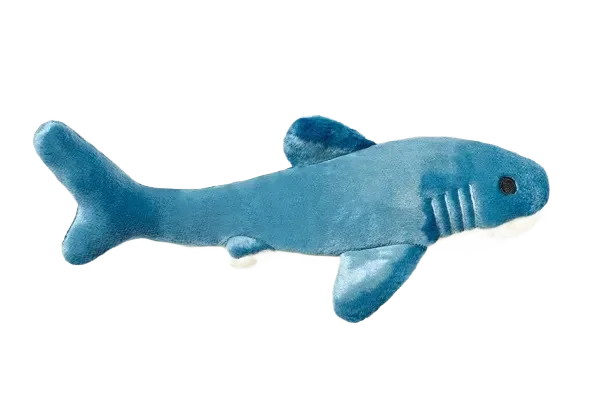 Blue plush shark toy on black background.