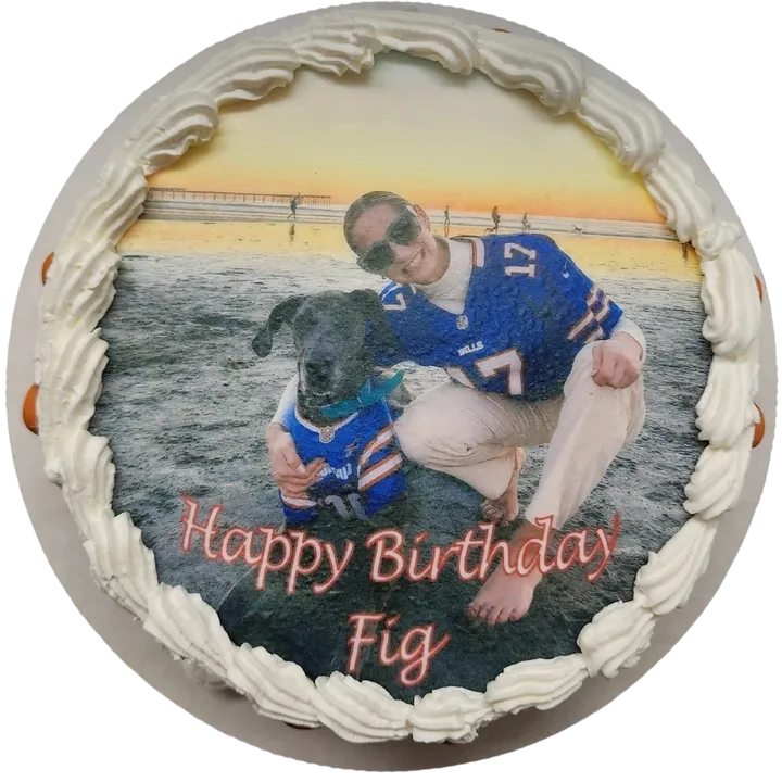 Birthday cake with beach photo and text.