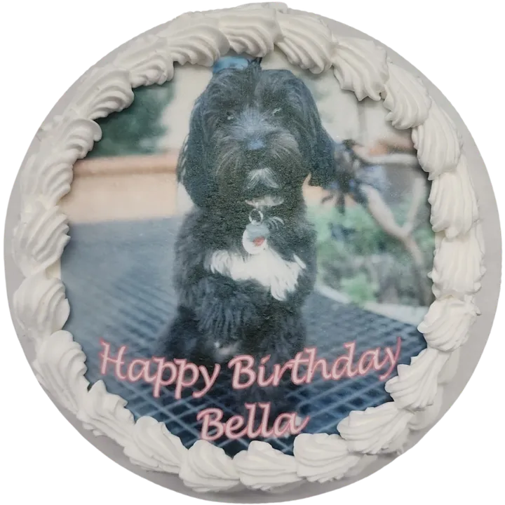 Dog-themed birthday cake with "Happy Birthday Bella.