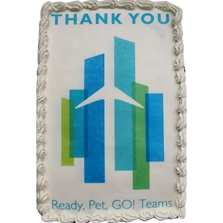 Cake with "Thank You" and colorful design.