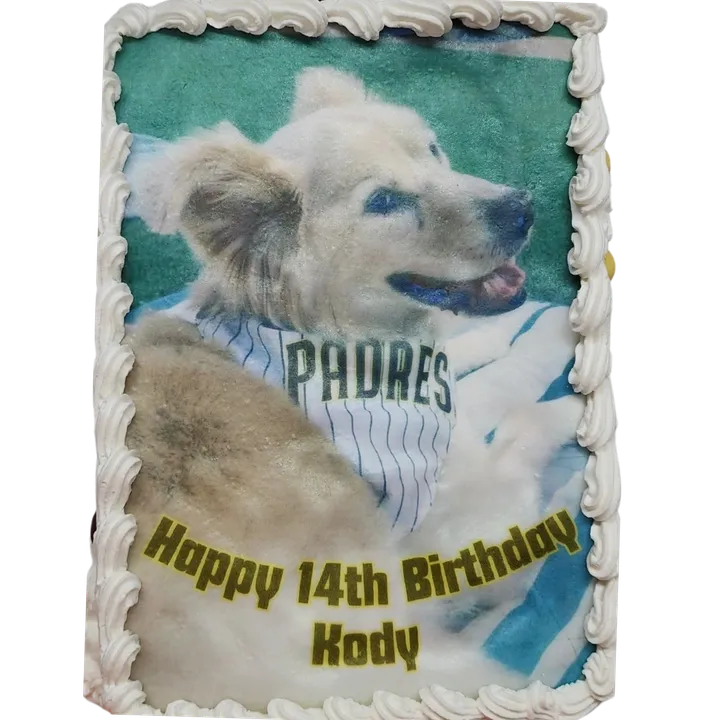 Dog-themed birthday cake with text decoration.