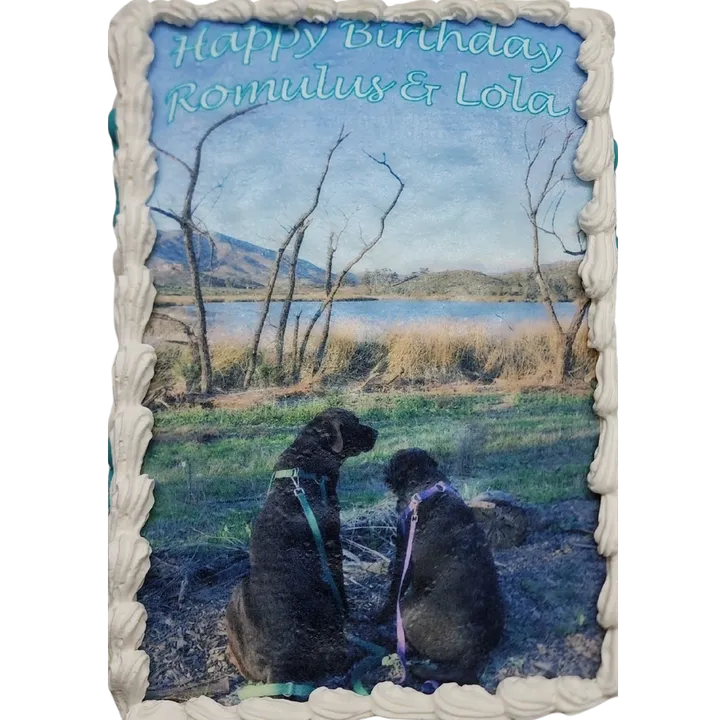 Birthday cake with dogs and nature scene.