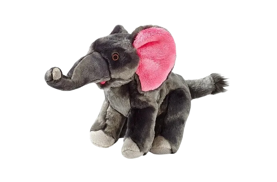Plush elephant toy with pink ears.