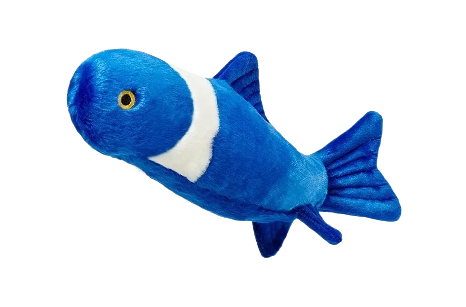 Blue plush fish with white stripe, black background.