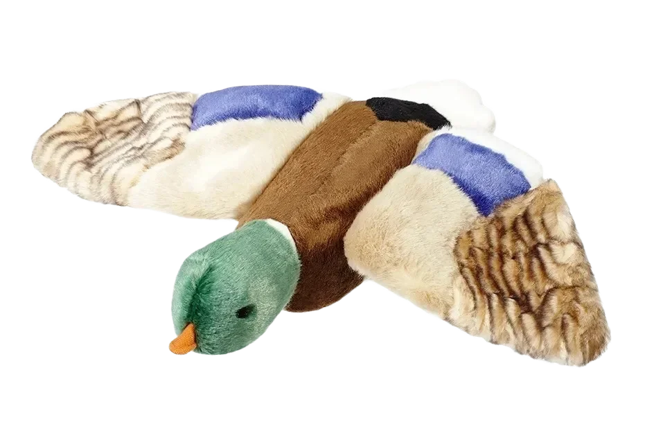 Plush duck toy with outstretched wings.