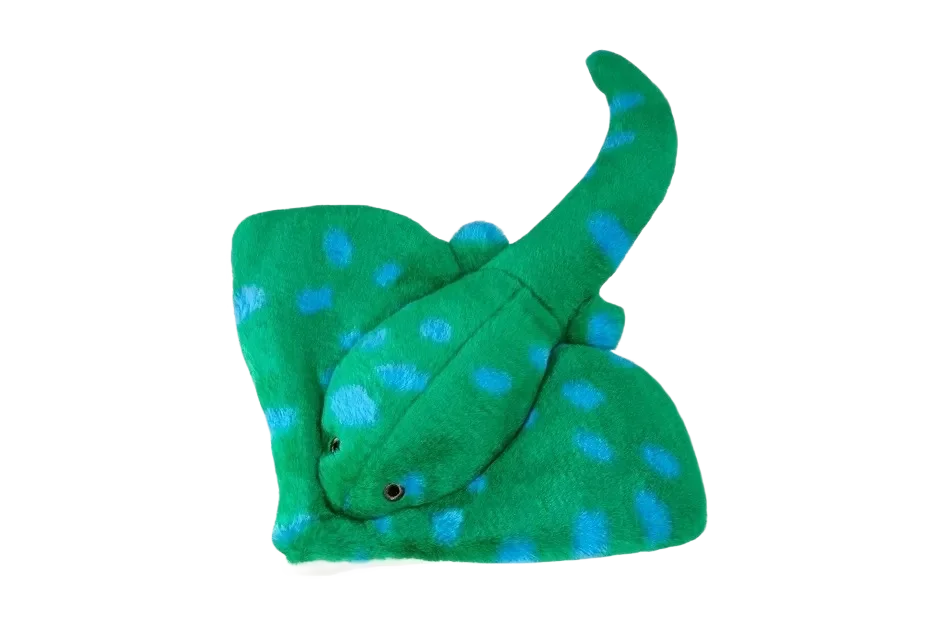 Green and blue spotted plush stingray toy.