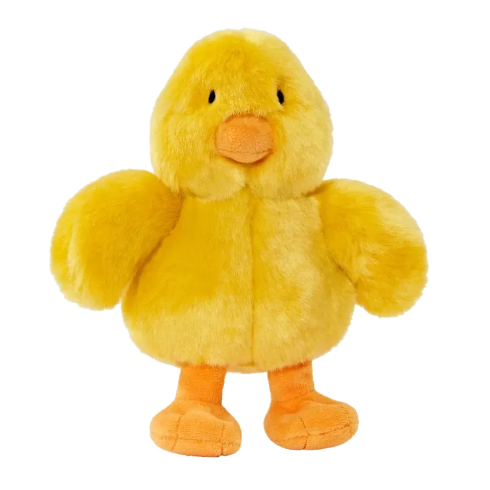 Soft yellow stuffed duck with orange beak.