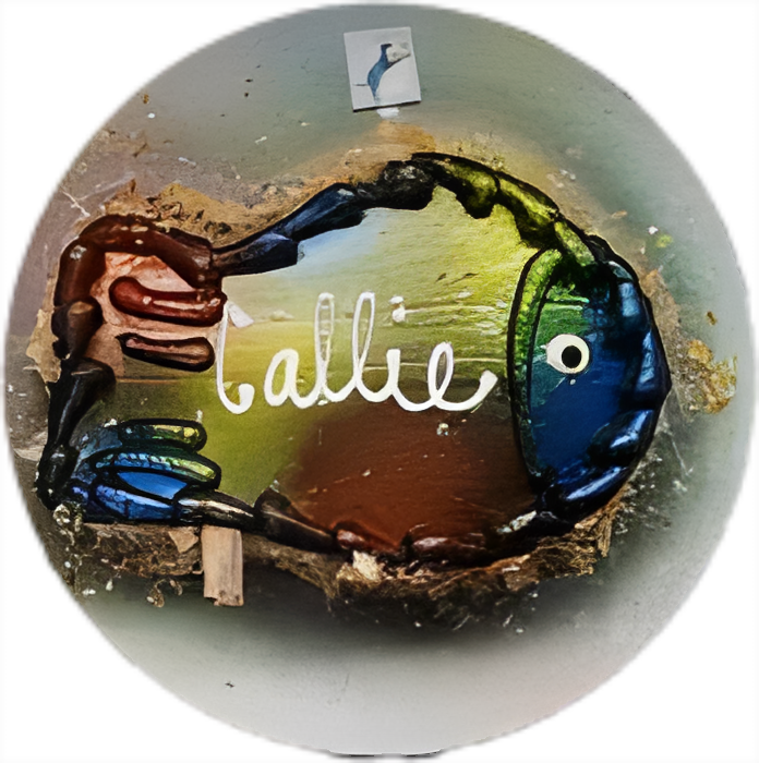 Mixed media art, fish shape, "callie" text