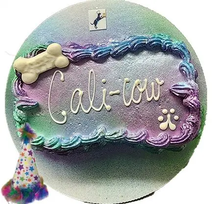 Cali-cow dog birthday cake with bone