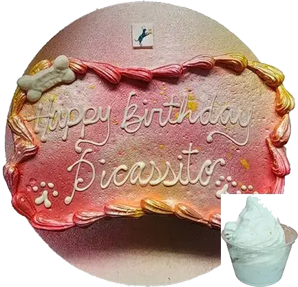 Dog birthday cake "Happy Birthday Picassito" with ice cream