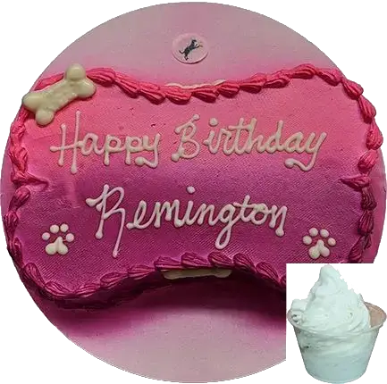 Pink dog birthday cake with ice cream