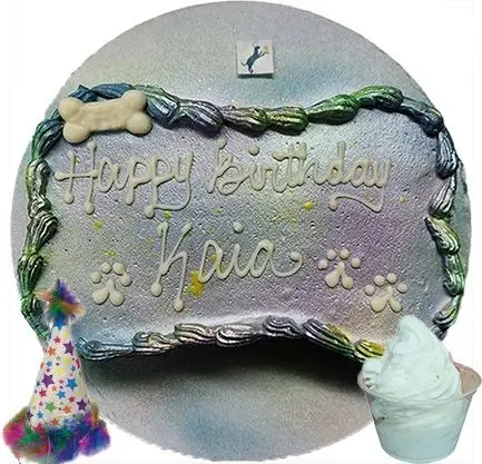 Kaia's dog birthday cake, ice cream, party hat