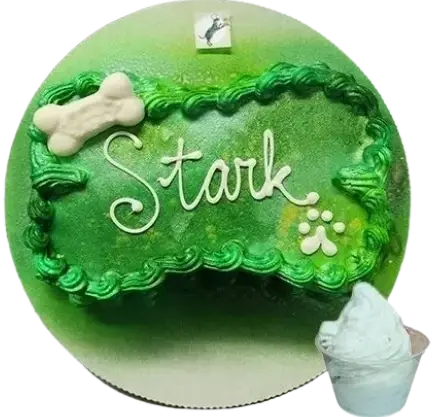 Green dog cake with "Stark