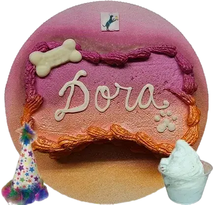 Pink pet birthday cake with "Dora
